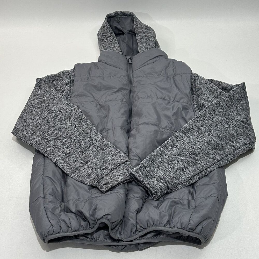 Men's Puffer Hoodie Jacket Gray Zip Front Quilted Padded Body Hooded, Size XL